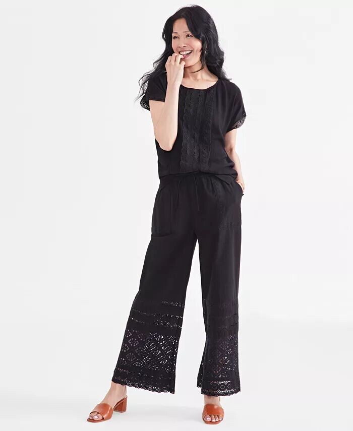 

Женские хлопковые широкие брюки без застежек, связанные крючком Style & Co, черный