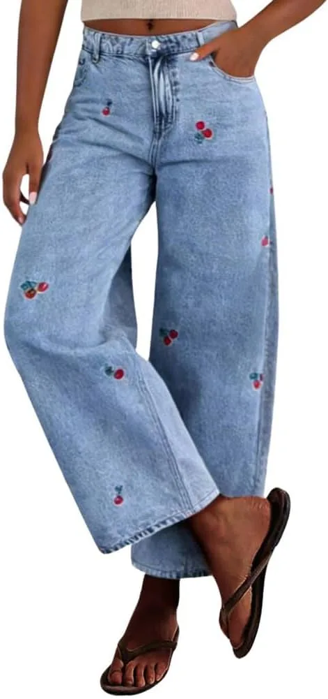 

Женские джинсы Y2K с вышивкой вишни, бойфренды, высокая посадка, пачворк, широкие chouyatou