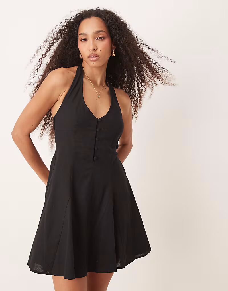 

Мини-платье ASOS DESIGN с бретелью через шею и подолом годе черного цвета