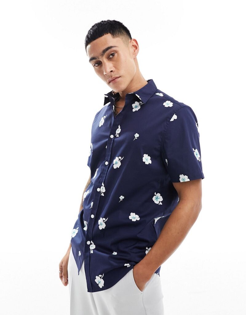 

Темно-синяя эластичная рубашка с цветочным принтом ASOS DESIGN