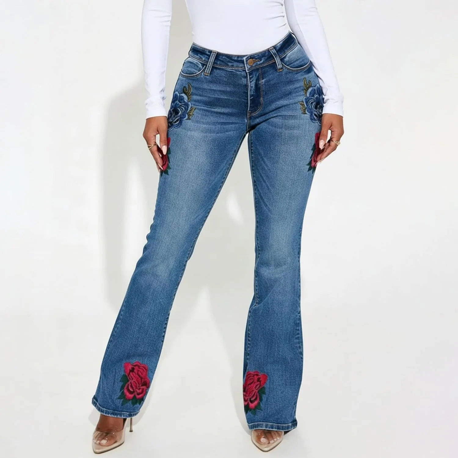 Джинсы женские Casual Mid Rise Flare с вышивкой Vintage Floral — фото 4