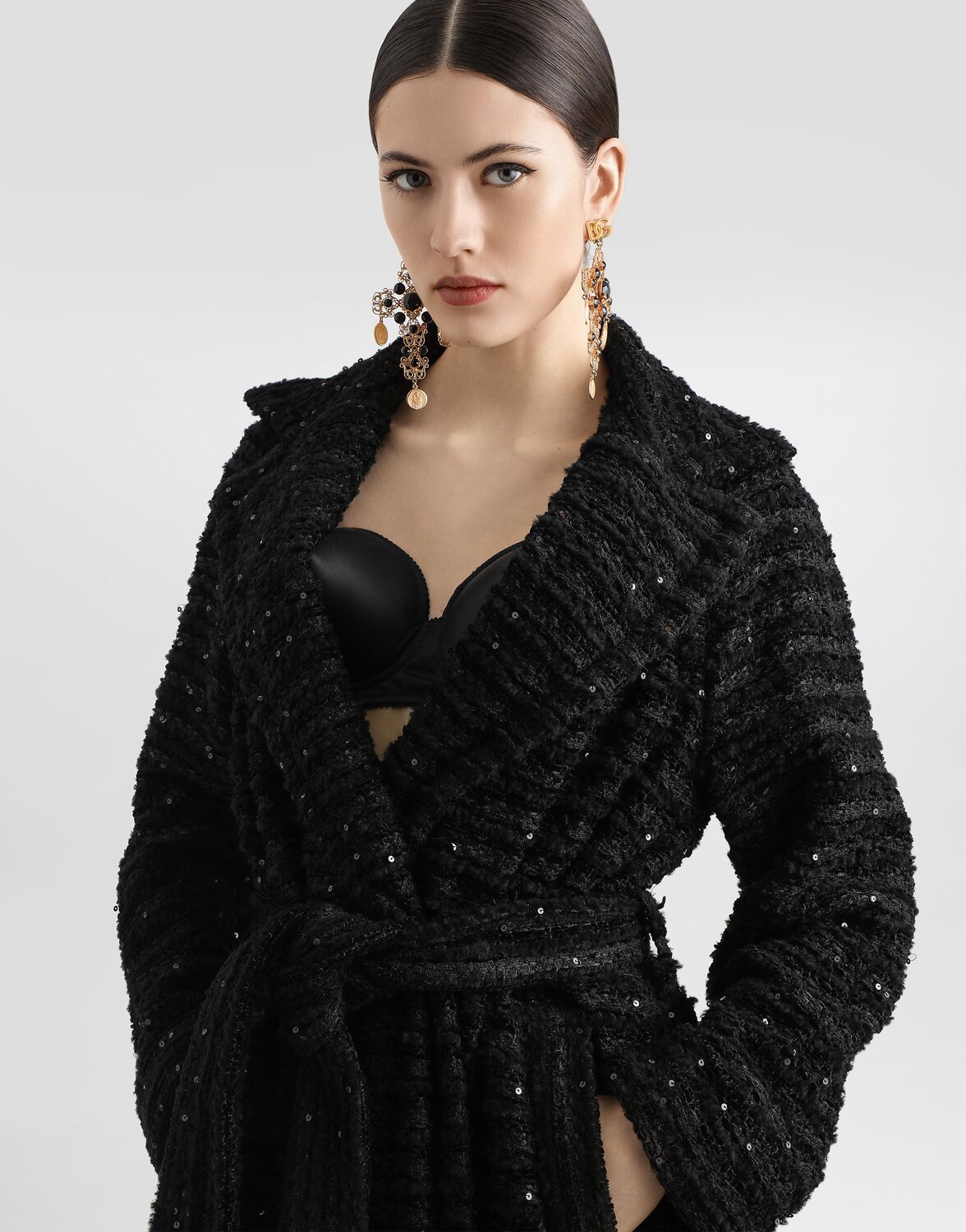 Твидовое пальто с отделкой из микропайеток Dolce & Gabbana, черный — фото 4