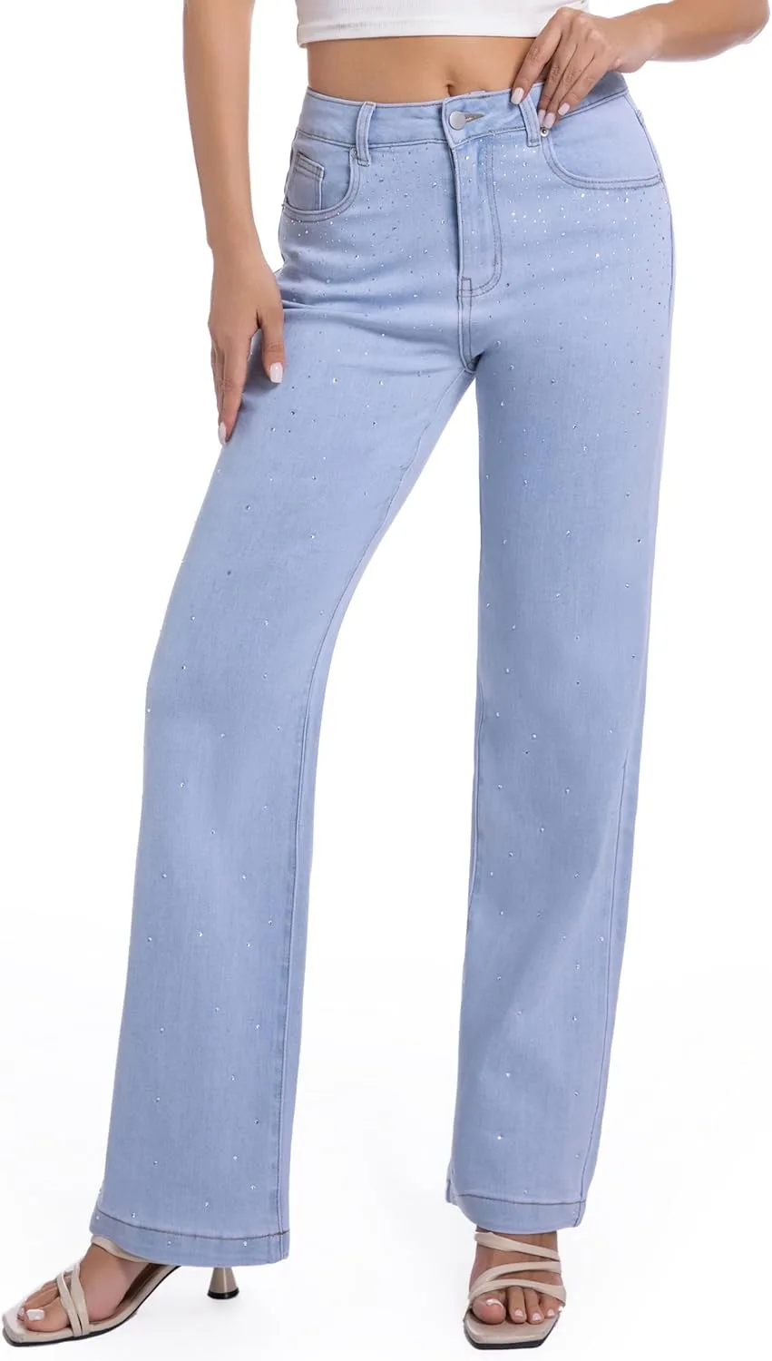 

Прямые джинсы для женщин Cotton Rhinestone Mid Rise Stretch ETTELO
