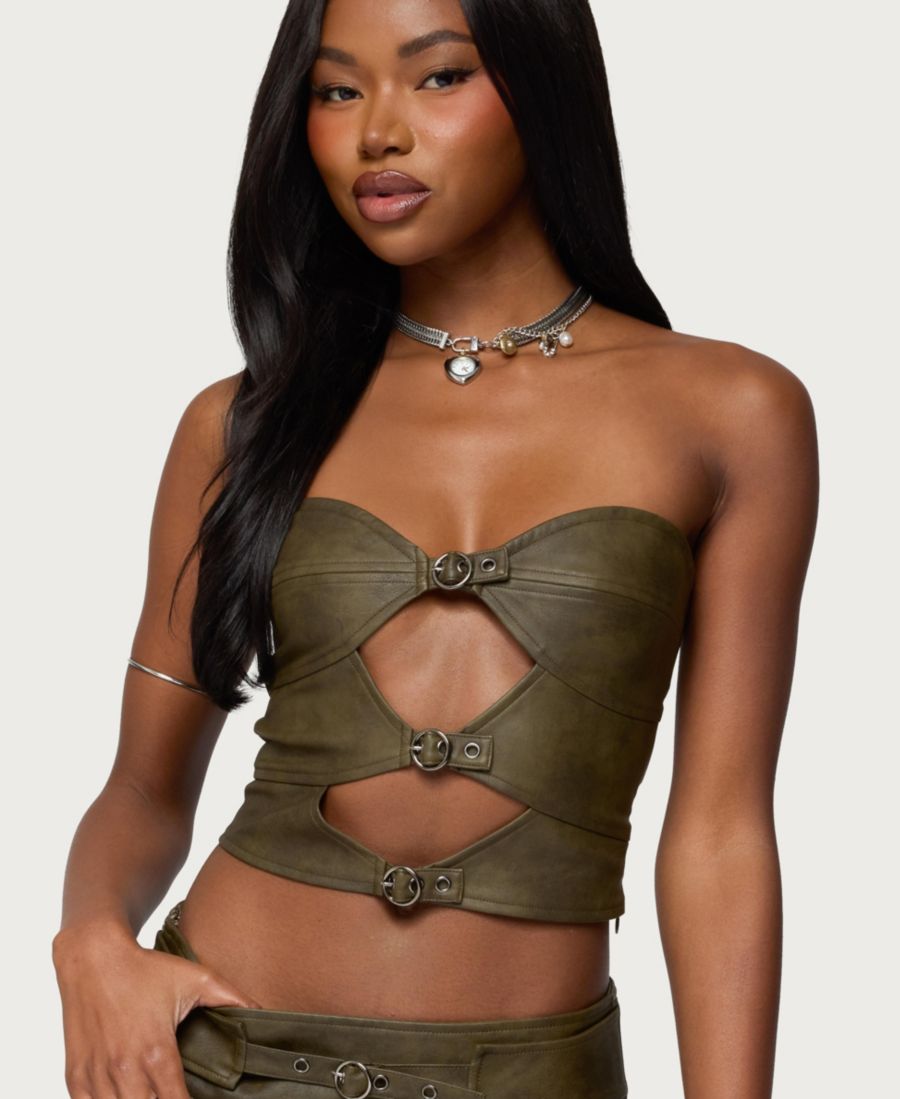 

Женский топ Varley из искусственной кожи с пряжкой и вырезами Edikted, Olive