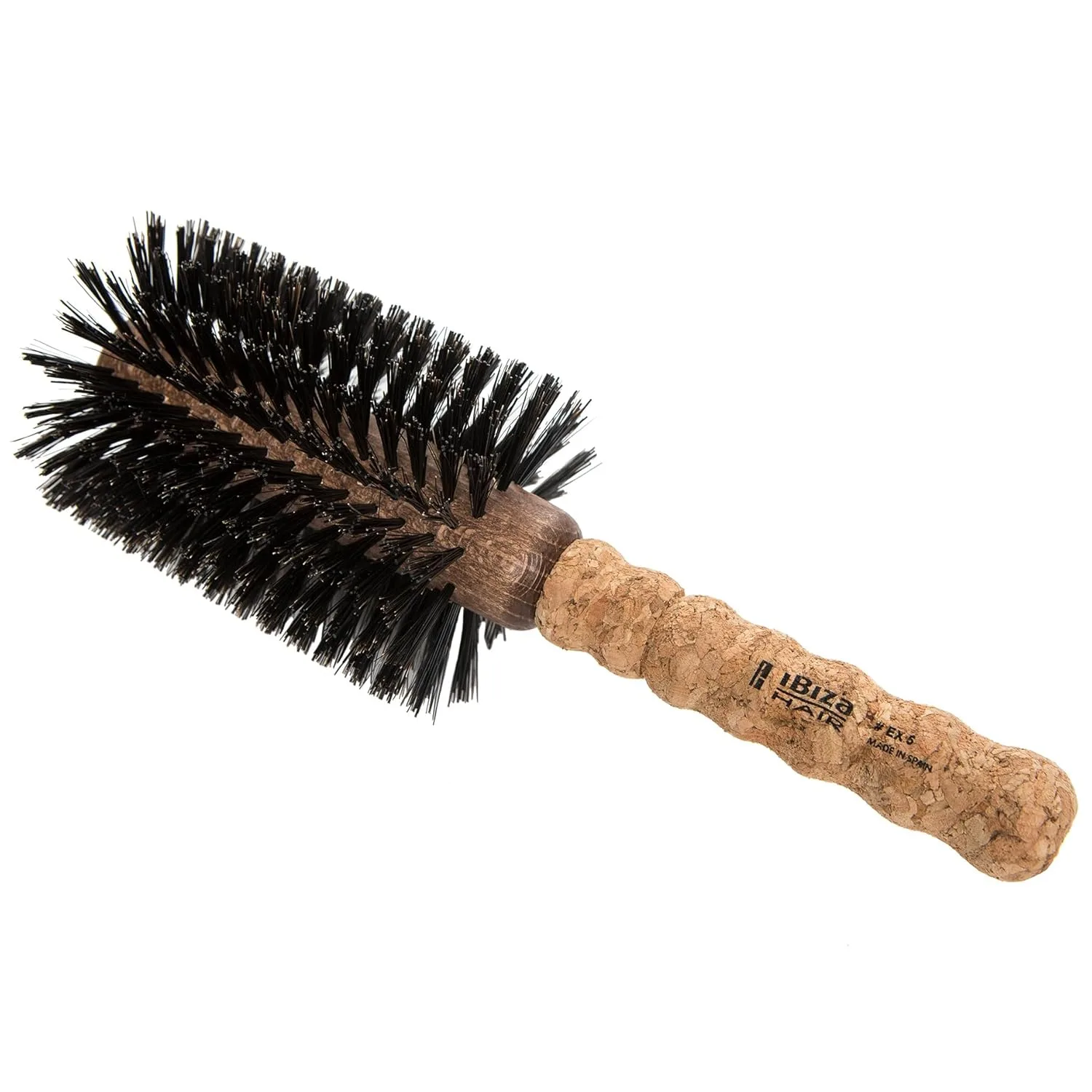 Круглая щетка Ibiza Hair из щетины кабана (серия EX), легкая с усиленной щетиной и пробковой ручкой, для блеска и текстуры, идеальна для средних и длинных волос 1 штука (1 шт.), Black, Brown