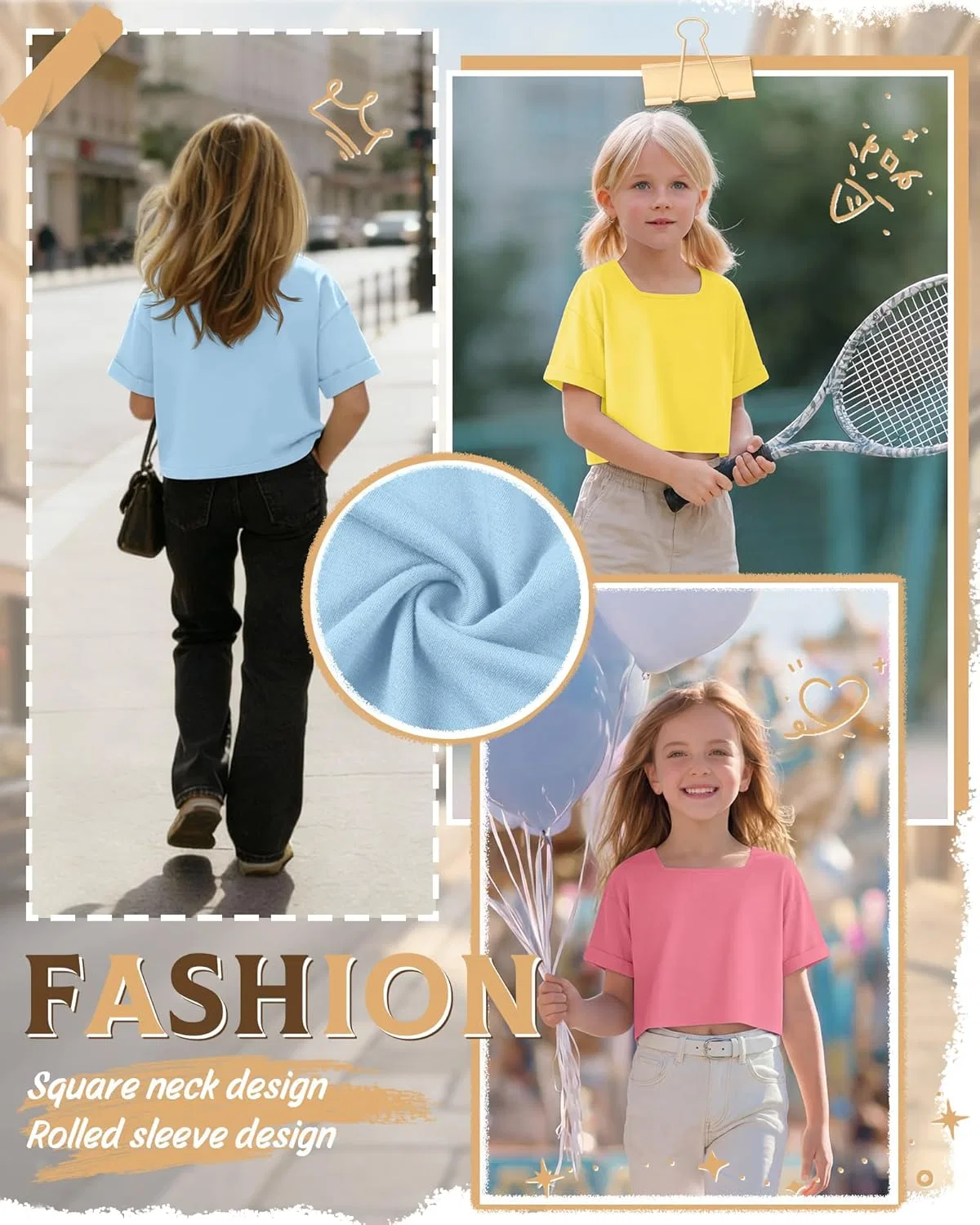 Детский топ оверсайз с квадратным вырезом LessonZoo, 3 шт, Sky Blue, Yellow, Peach Pink — фото 3