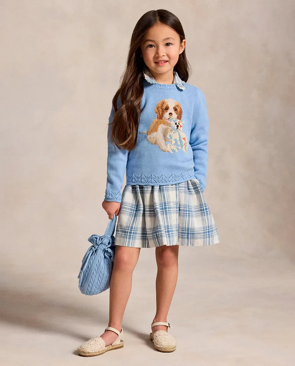 Джемпер для девочки с круглым воротником с фестонами Polo Ralph Lauren, светло-голубой