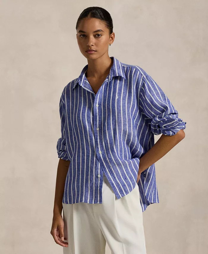 

Женская широкая укороченная полосатая рубашка из 100% льна Polo Ralph Lauren, синий