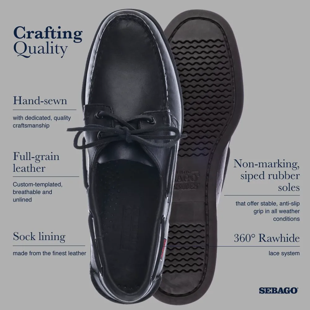 Топсайдеры Sebago Portland - мокасины из цельной кожи, ручная прошивка с кожаной подкладкой стельки и нескользящей резиновой подошвой, не оставляющей следов, черный — фото 3