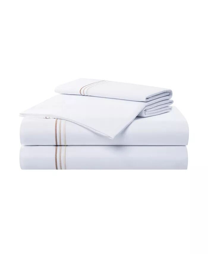 

Комплект простыней Sateen California King, 1 плоская простыня, 1 простыня на резинке, 2 наволочки, плотность ниток 600, сатиновый хлопок, безупречный белый цвет, с тонкой вышивкой Baratta по краю в 3 полоски Aston and Arden, бежевый