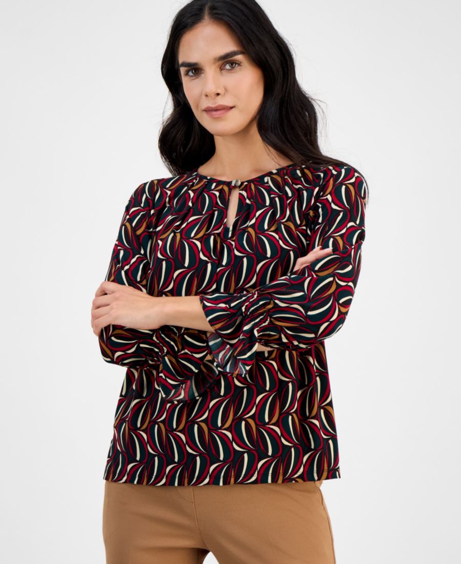 

Укороченный топ с принтом, вырезом-капелькой спереди и расклешенными манжетами AK Anne Klein, Anne Black Multi