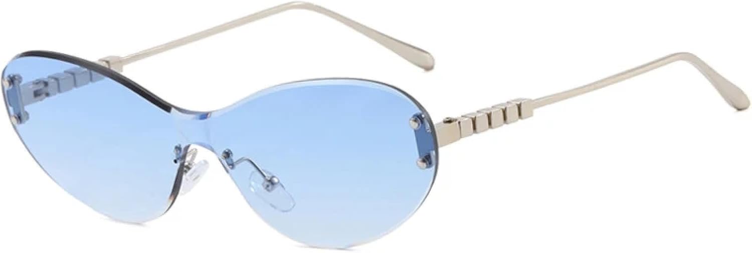 

Модные панк-солнцезащитные очки без оправы овальной формы для женщин, металлические солнцезащитные очки для мужчин, очки для вождения, защита от УФ-излучения UV400 TKKTLLT, Silver Blue