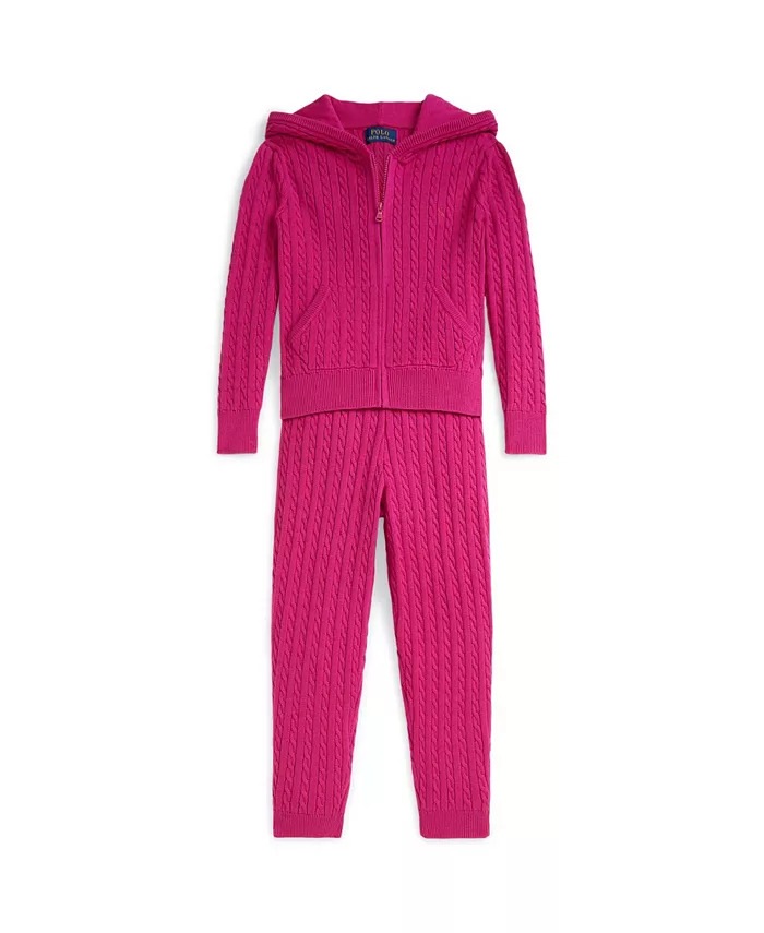 

Детский комплект для девочек 2T-6X: худи с кабельным узором и брюки на молнии Polo Ralph Lauren, розовый