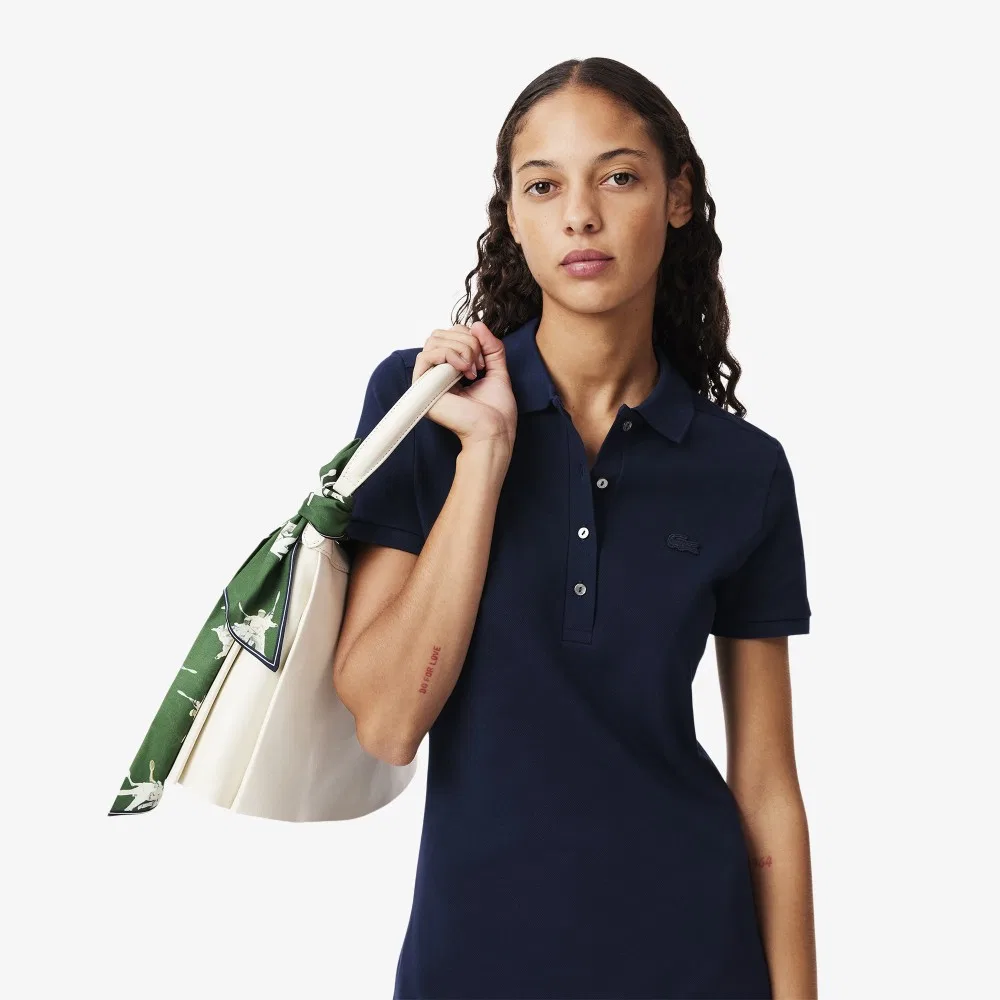 Женское облегающее мини-платье-поло из пике тёмно-синего цвета от Lacoste — фото 2