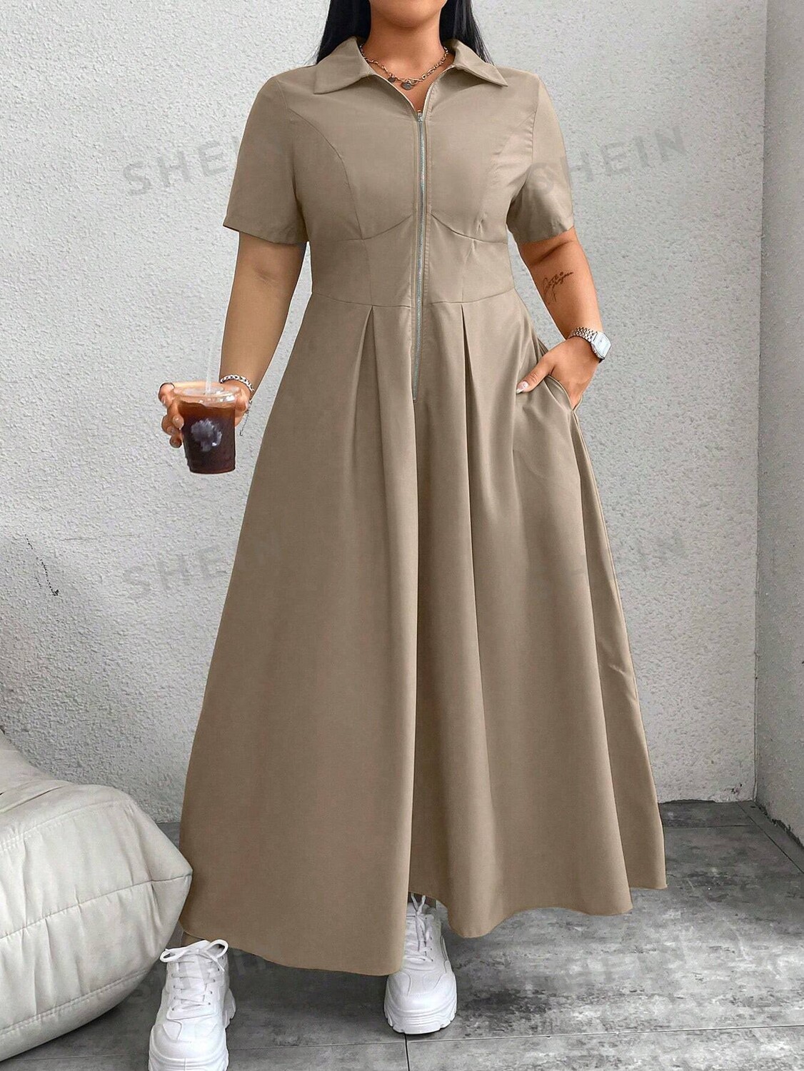 

EZwear Короткое платье, короткий рукав, большие размеры, Женское, Однотонное, дизайн, đơn giản, легкая одежда Shein, хаки