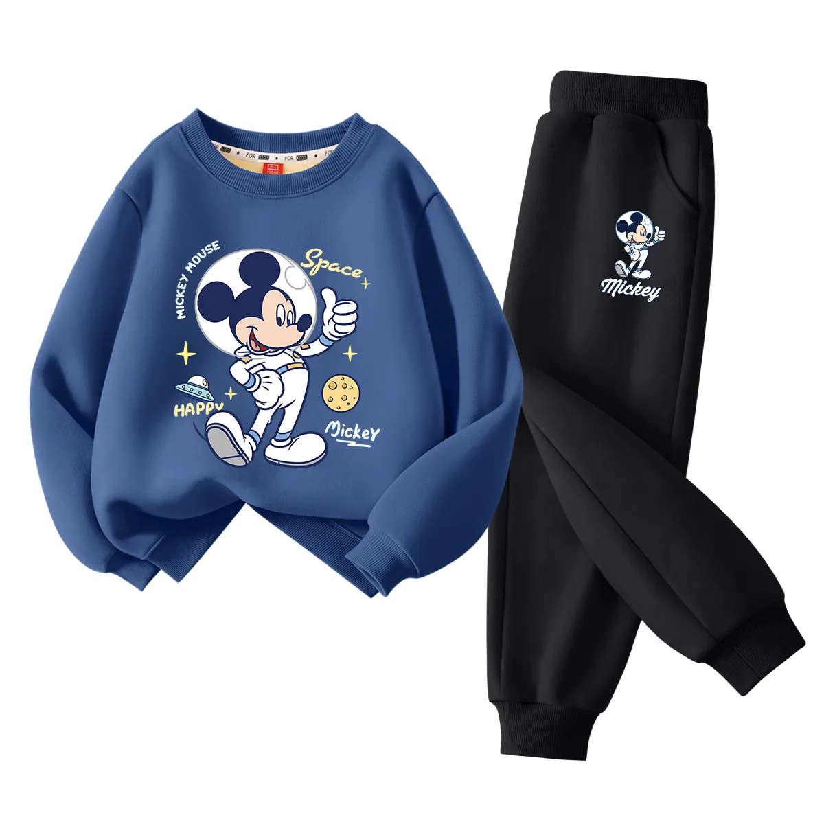 Детский спортивный костюм с круглым вырезом Disney, [Thickened and Fleece-Lined]Di Yuanxing Vintage Green+Di Trail Running Mickey Mouse K Gray — фото 3