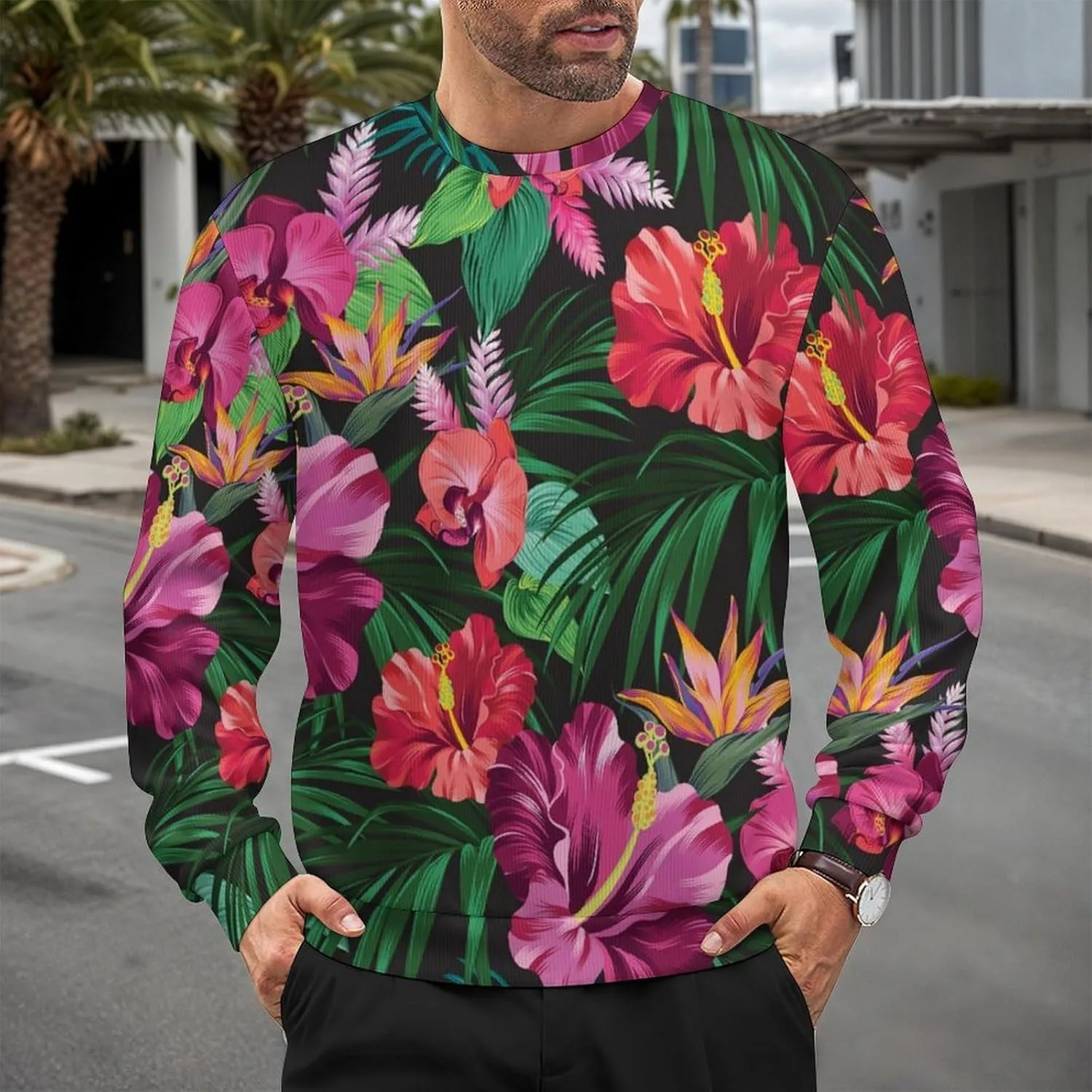 Свитер с принтом тропических листьев, мужской, Crewneck, вязаный, с длинными рукавами — фото 2
