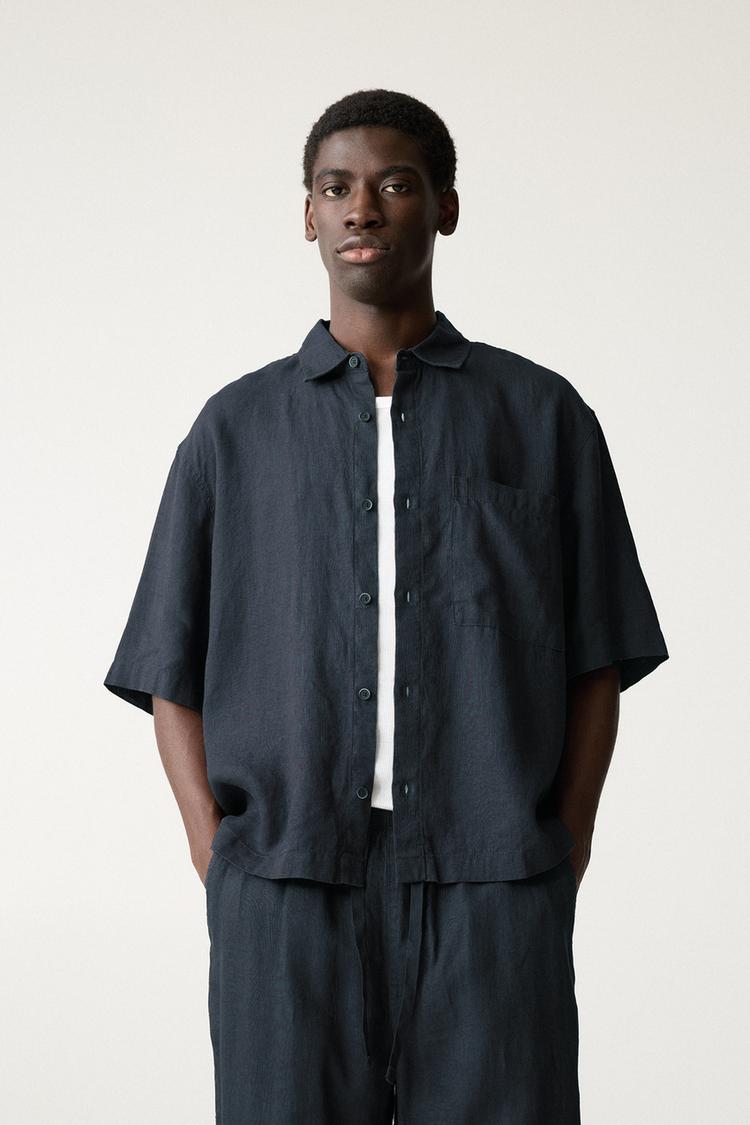 

Рубашка свободного кроя из 100% льна Pull And Bear, синий