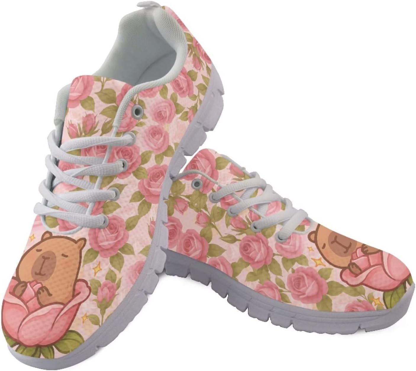 

Кроссовки Jeiento Fashion для бега и прогулок на шнуровке для мужчин и женщин, удобная сетчатая обувь для тенниса, повседневная обувь для работы и путешествий, Rose Flower Capybara