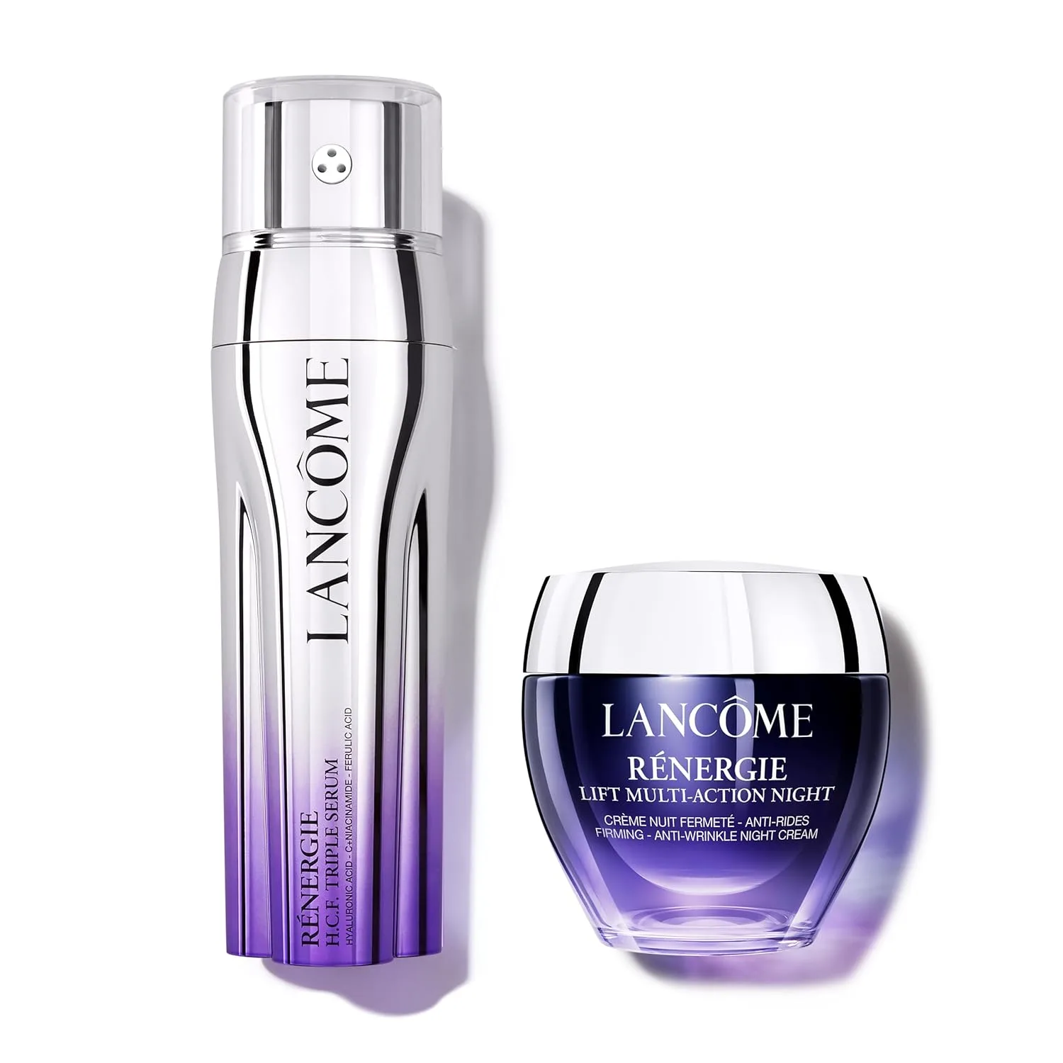 Набор средств по уходу за кожей Lancôme с гиалуроновой кислотой: сыворотка Rénergie HCF Triple Serum и ночной крем Rénergie Multi-Action Night Cream.