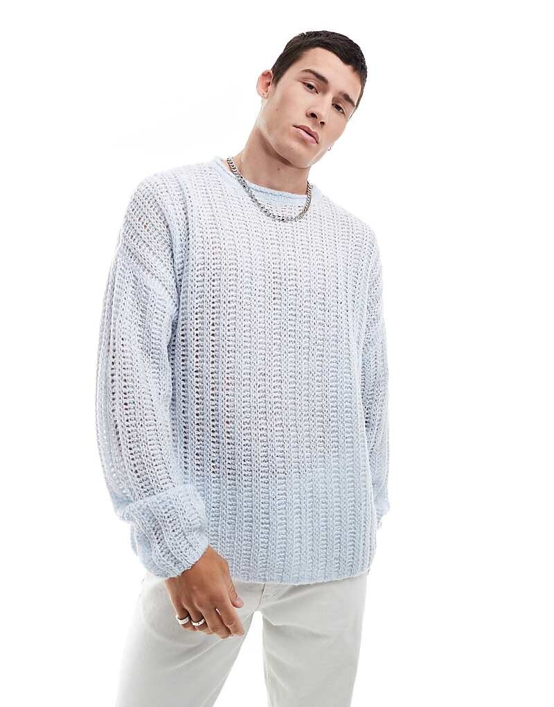 

ASOS DESIGN – Синий свитер оверсайз из ворсованной вязки с узором «сетка-шторка»