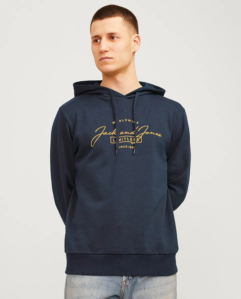 

Мужская толстовка с капюшоном, длинными рукавами и логотипом спереди Jack & Jones, синий