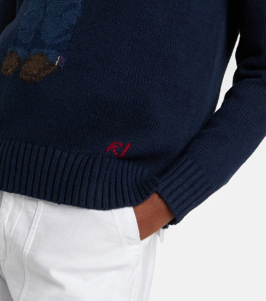 Хлопковый и льняной свитер Polo Bear с интарсией Polo Ralph Lauren, синий — фото 4