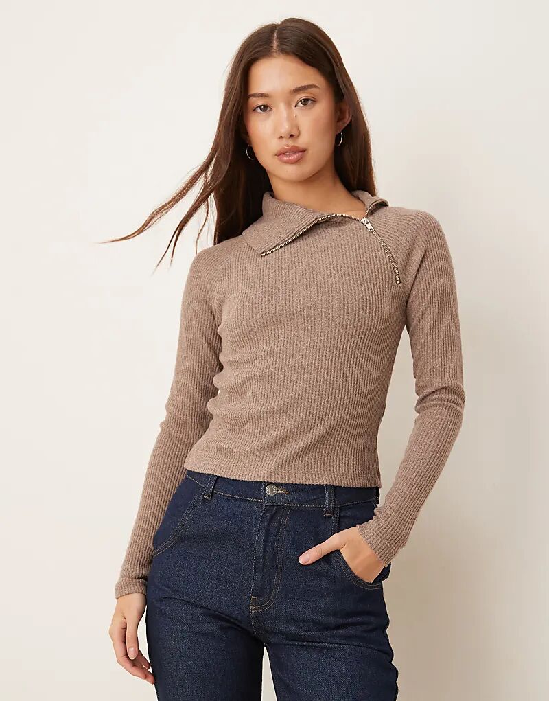 

Супермягкий лонгслив ASOS DESIGN с длинными рукавами и отделкой в ​​рубчик с начесом и молнией