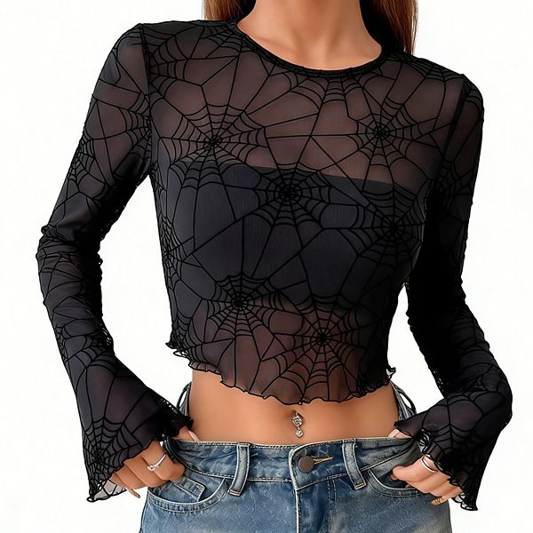 

Женский сетчатый топ-кроп с длинным рукавом-колоколом для косплея и повседневной носки Clearflower