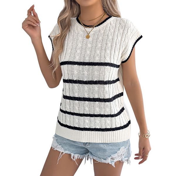 

Женский полосатый пуловер с круглым вырезом и коротким рукавом Yesfashion, Apricot