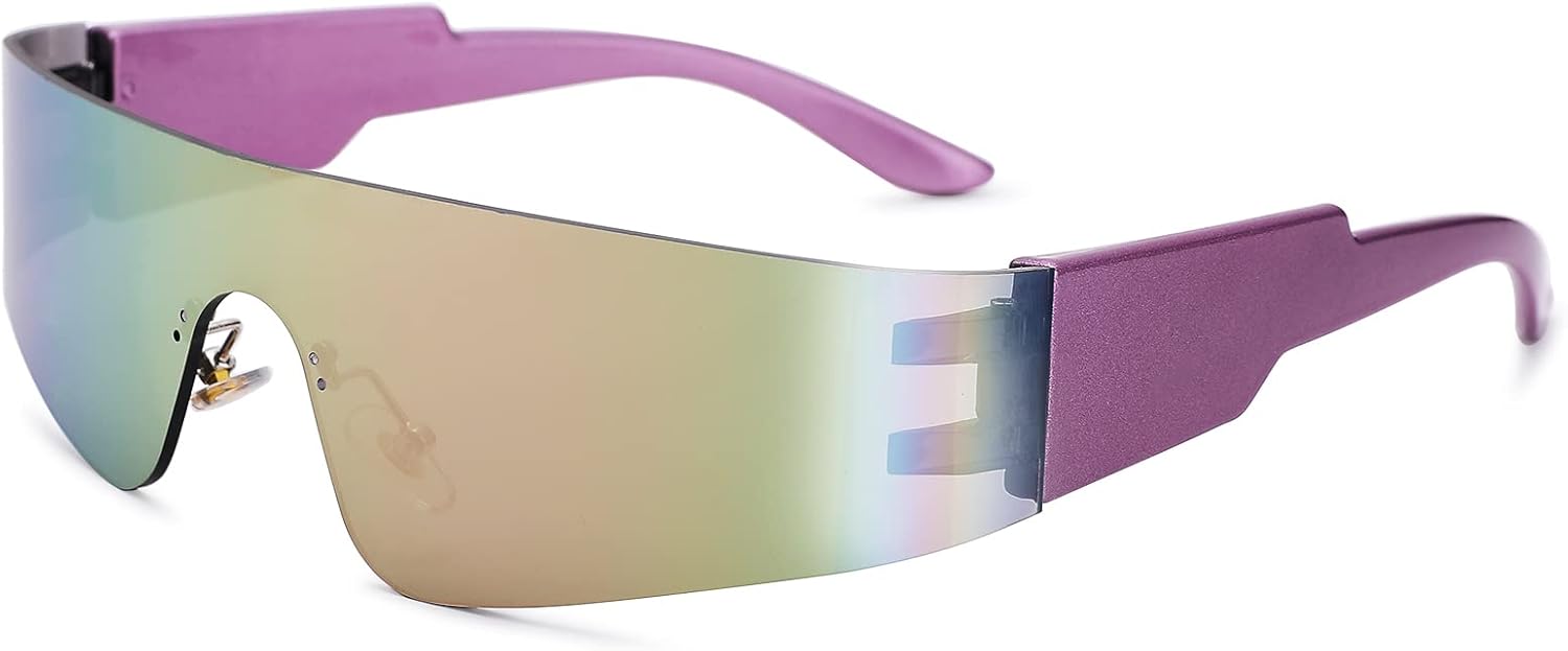 

COASION Солнцезащитные очки с обтекаемой формой для женщин и мужчин, модные, без оправы, футуристические, в стиле Y2k, с плоской верхней частью, стильные очки, A4 Purple / Pink Mirrored