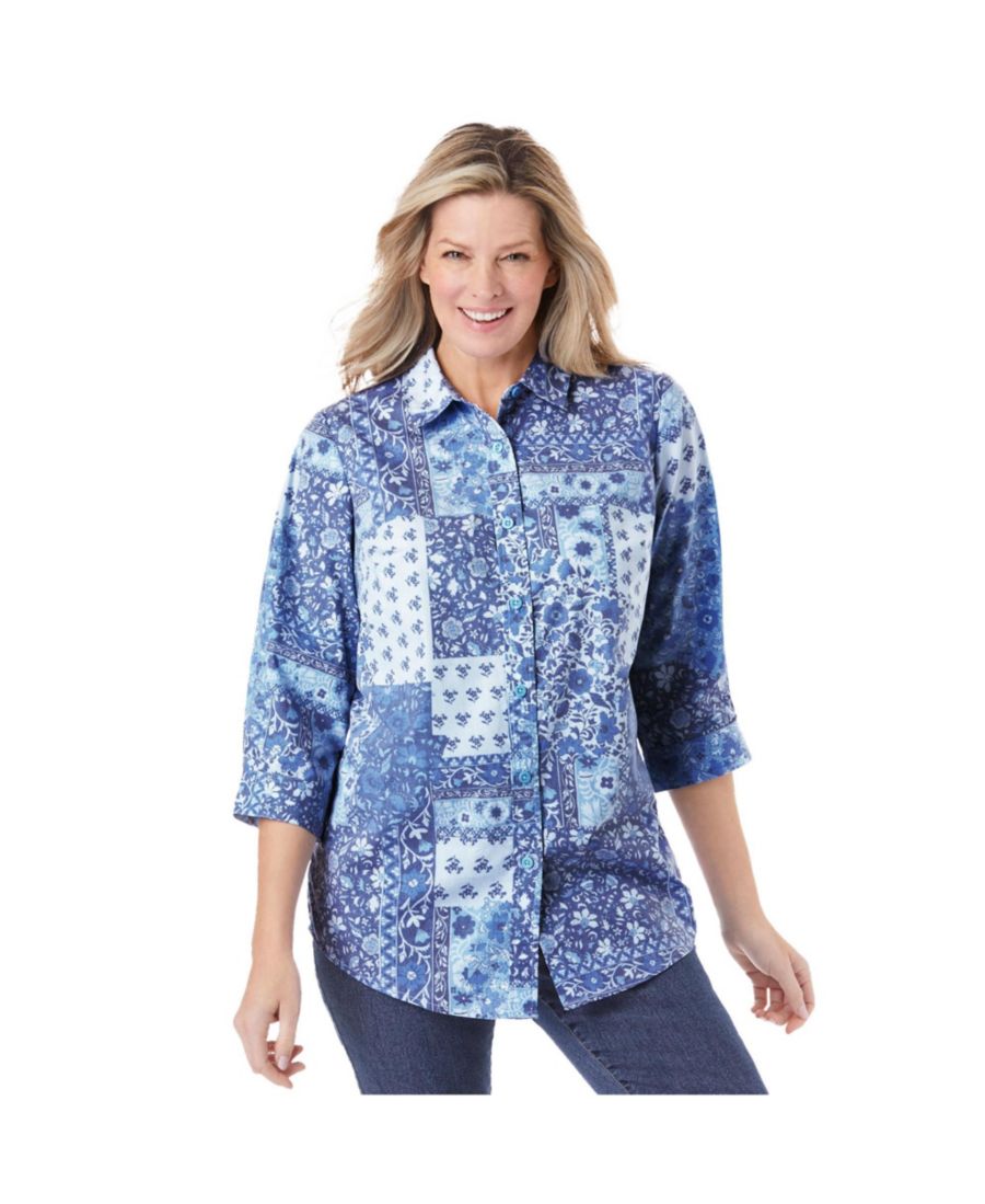 

Рубашка больших размеров с идеальным рукавом три четверти Woman Within, French blue patched paisley