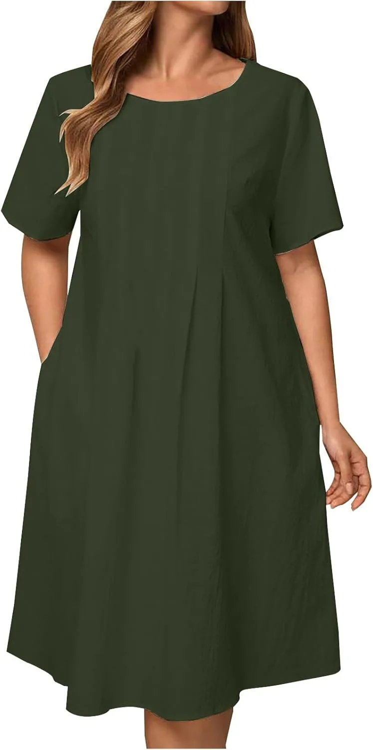 Женское летнее платье 2025 Casual Cotton Linen для пляжного отдыха, длина до колена, лодочка, короткий рукав, плиссированное Generic, зеленый