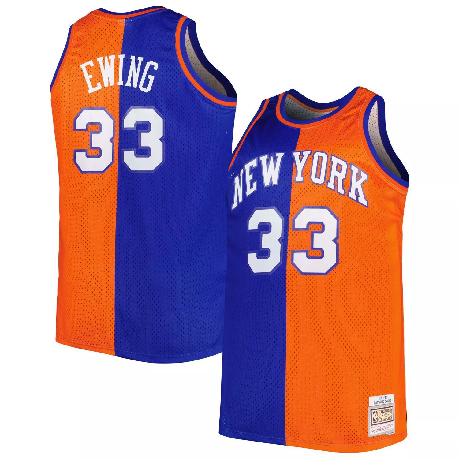 

Мужская футболка Mitchell & Ness Патрик Юинг синяя/оранжевая New York Knicks Big & Tall Hardwood Classics 1991-92 Split Swingman Джерси