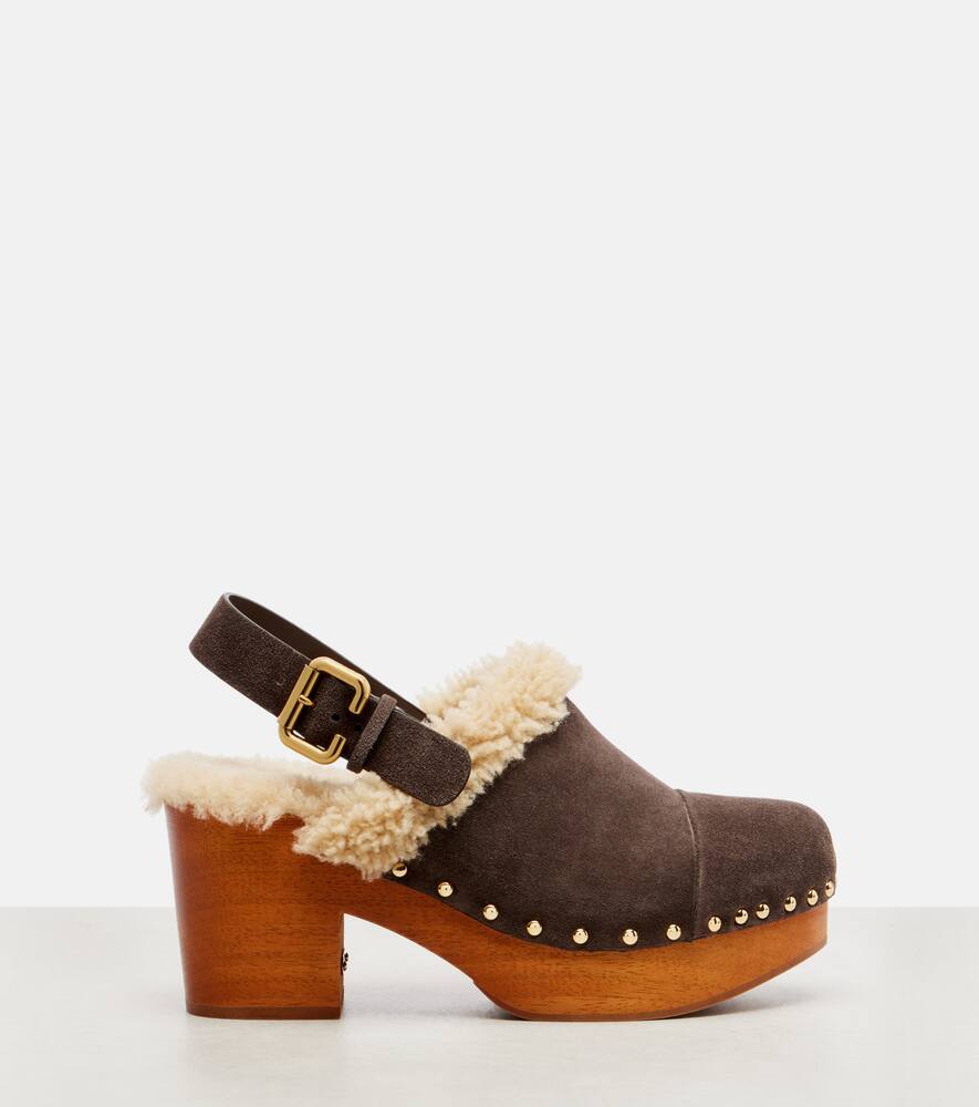 Жаннет замшевые клоги на платформе с отделкой из овчины Chloé, Burnt Brown — фото 4