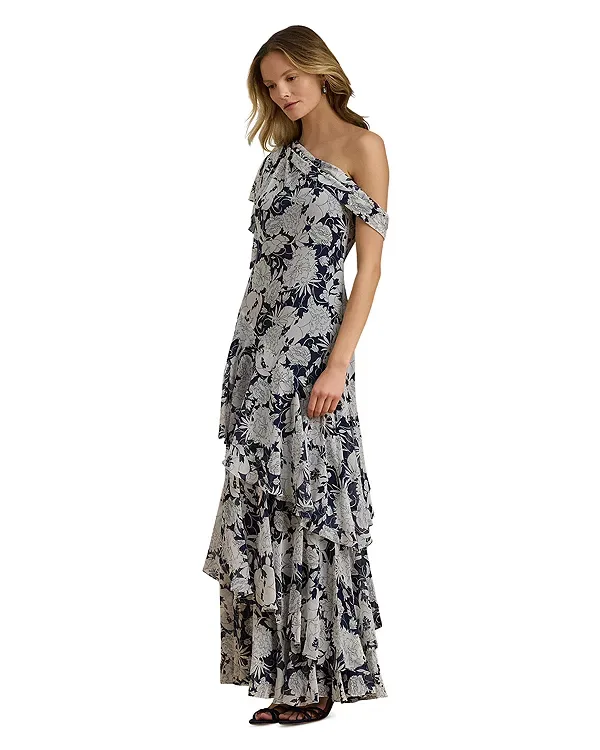 Платье из цветочного жоржета на одно плечо Ralph Lauren, White