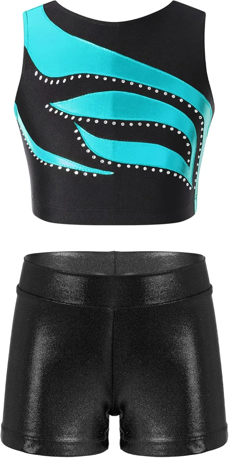 Детский спортивный комплект из топа и шорт JanJean, блестящий, Blue Green&black