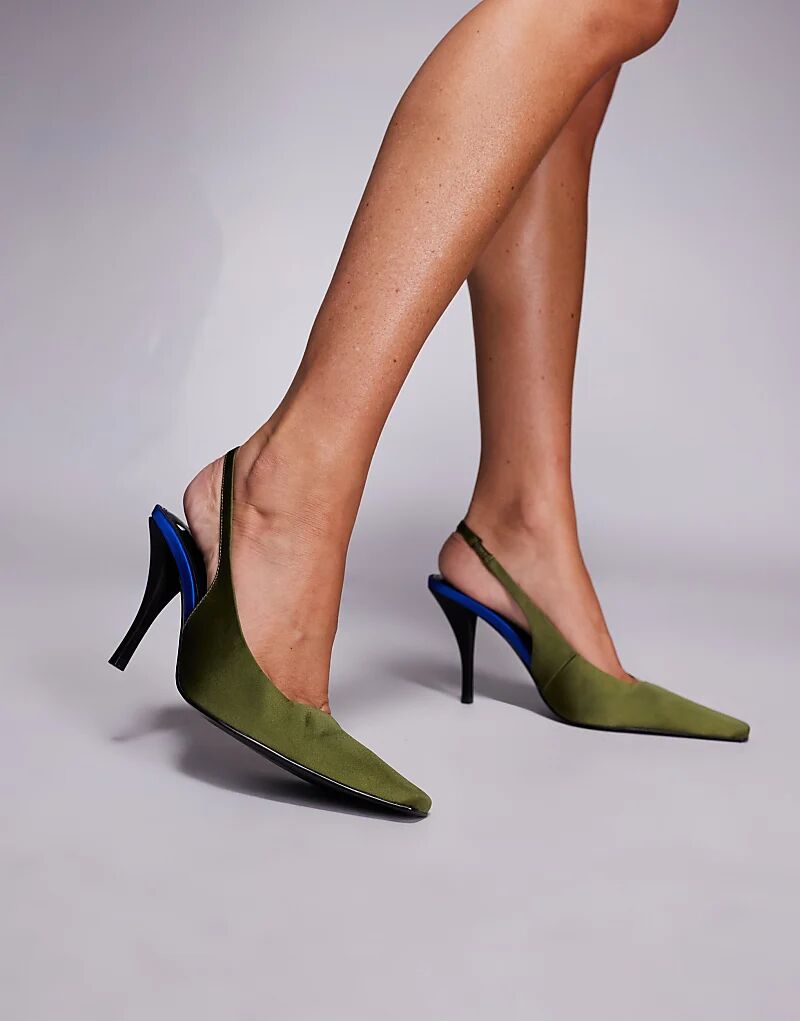 Туфли ASOS DESIGN Proud на высоком каблуке с открытой пяткой из оливкового атласа — фото 3