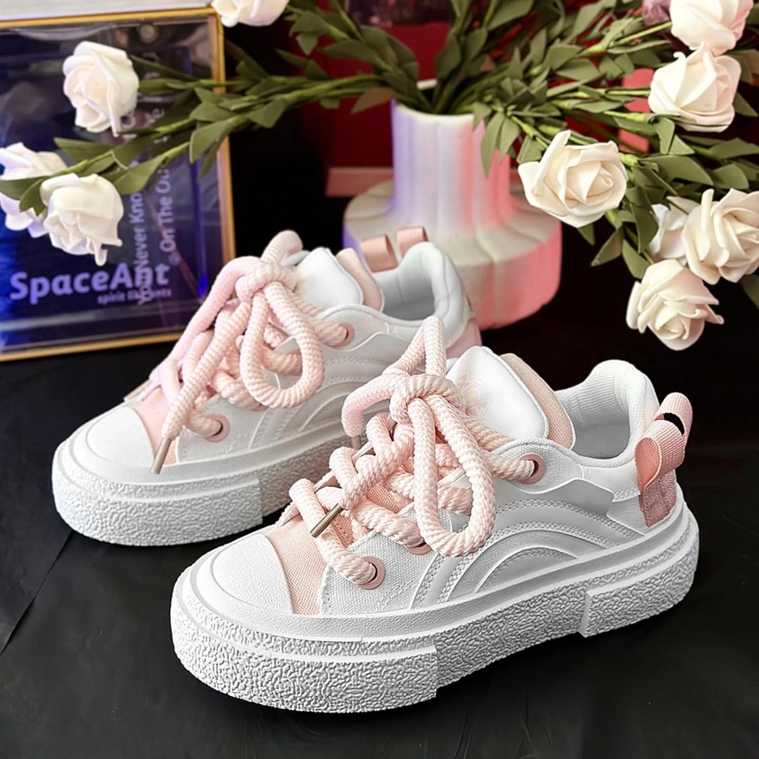 Кроссовки AURISTIA Preppy Chunky для мужчин и женщин, платформенные туфли, толстые шнурки, увеличение роста, стиль Y2K, хип-хоп, уличная мода JK, скейт стиль, розовый — фото 2