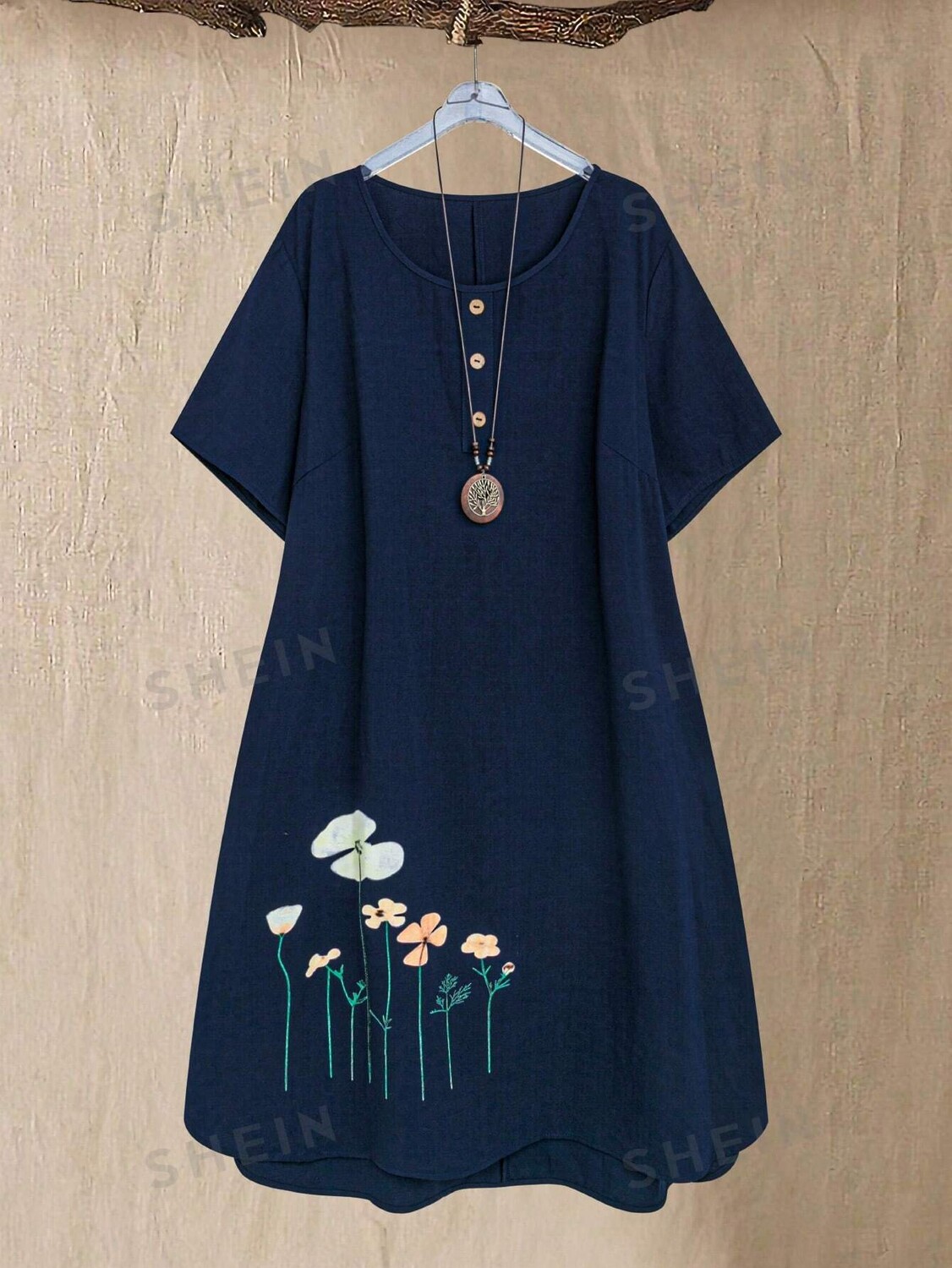 

JORESS Женское летнее платье больших размеров, синее, повседневное, свободное, с цветочным принтом, круглым вырезом Shein, синий