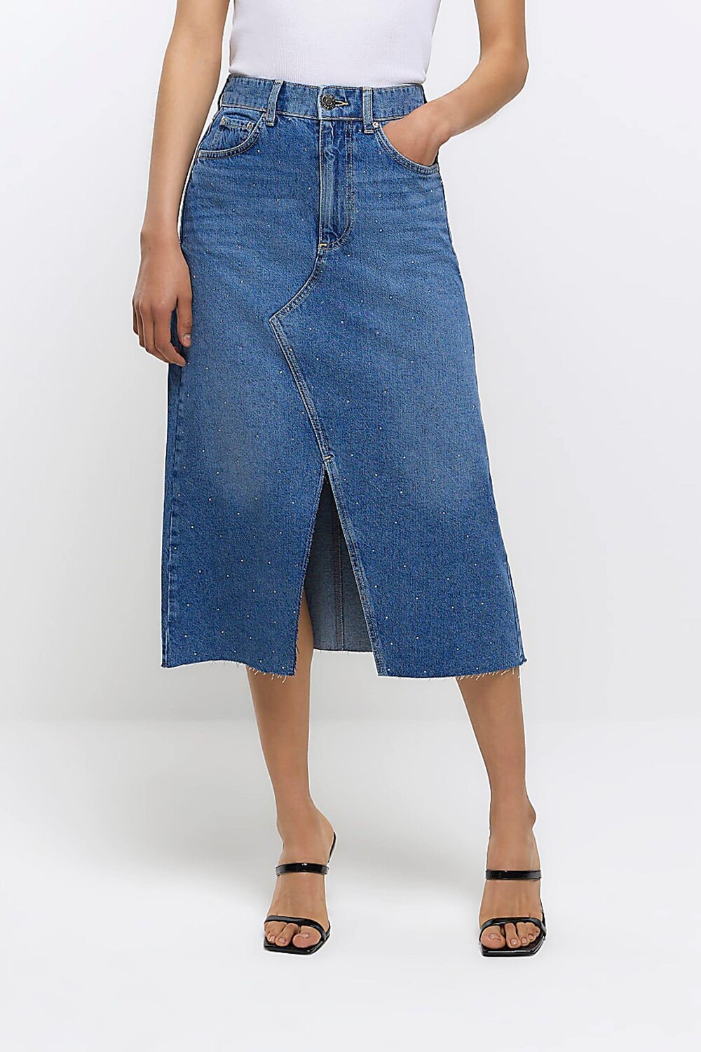 

Джинсовая юбка миди с разрезом спереди River Island, синий