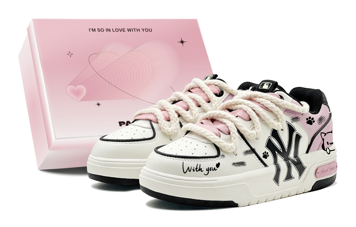 

MLB Массивные шнурованные кеды для скейтбординга Unisex White Pink - White Pink с противоскользящей подошвой и износостойким покрытием, цвет White Pink