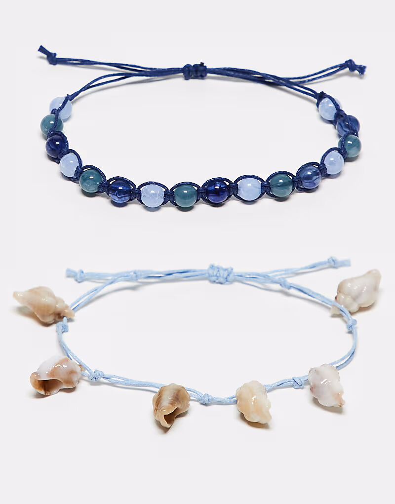 

Набор из 2 браслетов-браслетов унисекс с ракушками светло- и темно-синего цвета Reclaimed Vintage