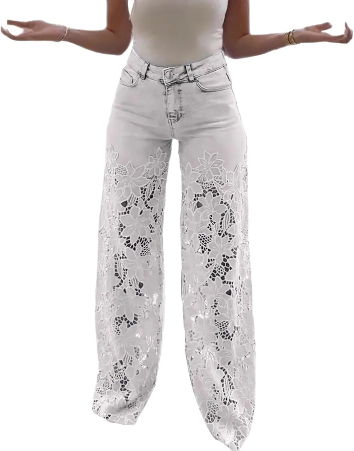 

Джинсы с кружевными вставками и потертостями High Rise