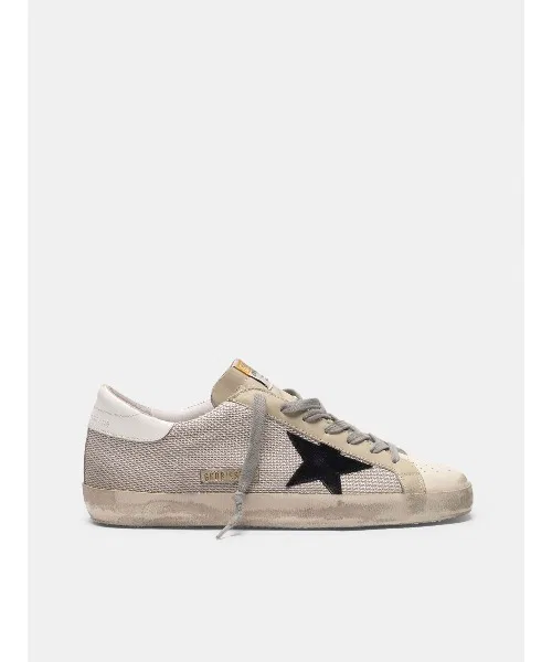 Мужские кроссовки Super-Star из кожи и сетки GOLDEN GOOSE с чёрной звездой цвета слоновой кости