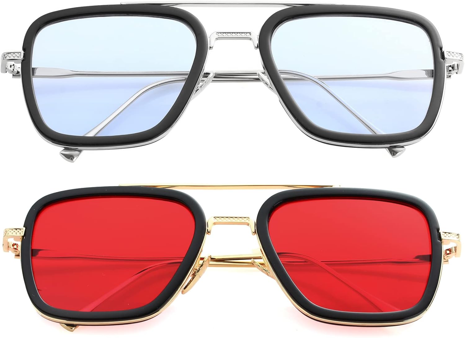 

Солнцезащитные очки AIEYEZO Тони Старк в винтажном стиле, квадратная металлическая оправа, для мужчин и женщин - очки Железного человека и Эдит, Two Pack (Spider Man Same Color + Gold/Ocean Red)