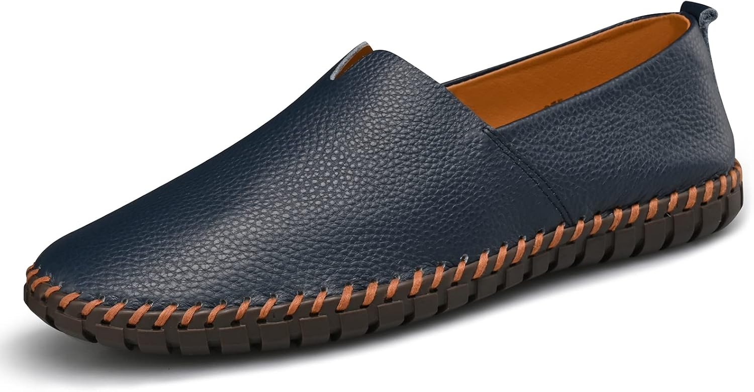

Мужские лоферы из натуральной кожи, без шнуровки, мягкие и дышащие, ручная прошивка, модная повседневная обувь, легкая обувь и делового стиля Luodenglang, синий