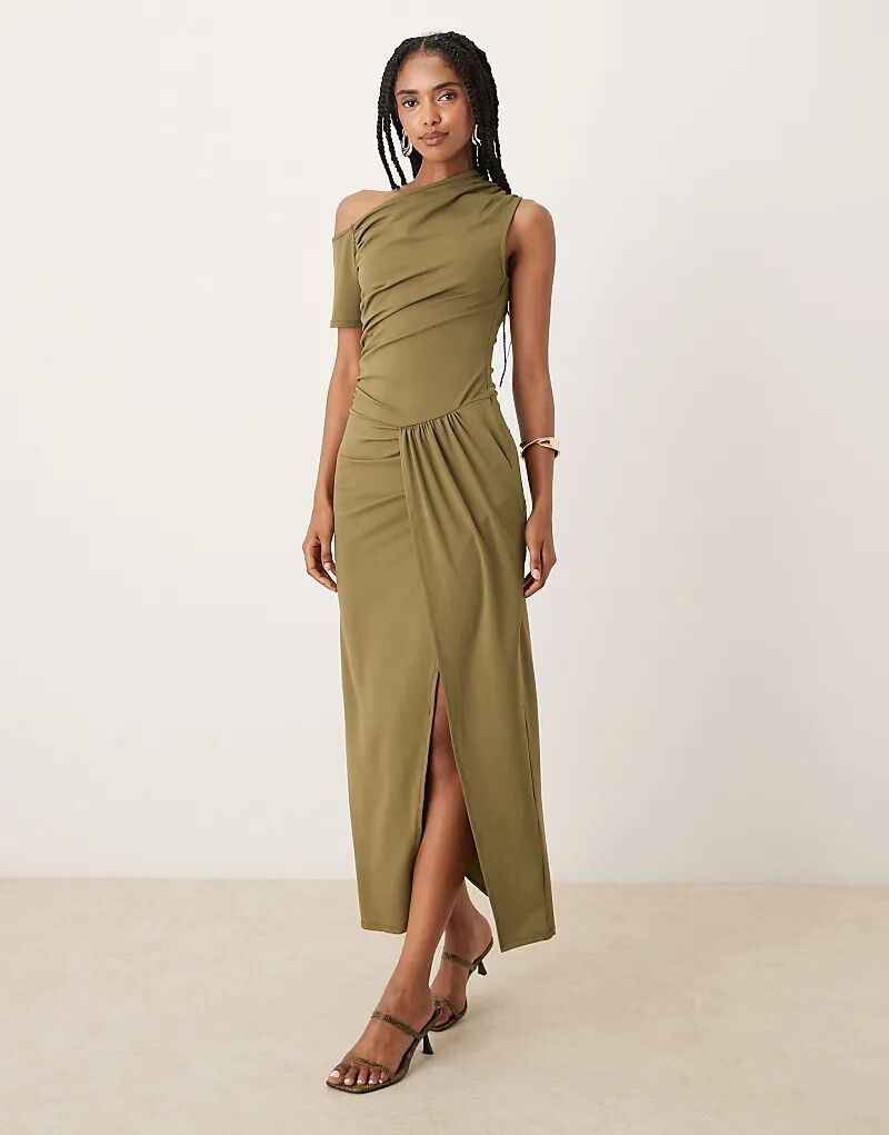 

Платье миди ASOS DESIGN оливкового цвета со спущенными плечами и перекрученной отделкой