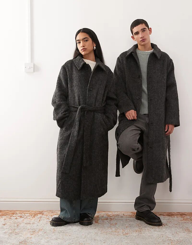 

Однобортное пальто унисекс из шерстяной ткани Reclaimed Vintage с поясом, темно-серого цвета