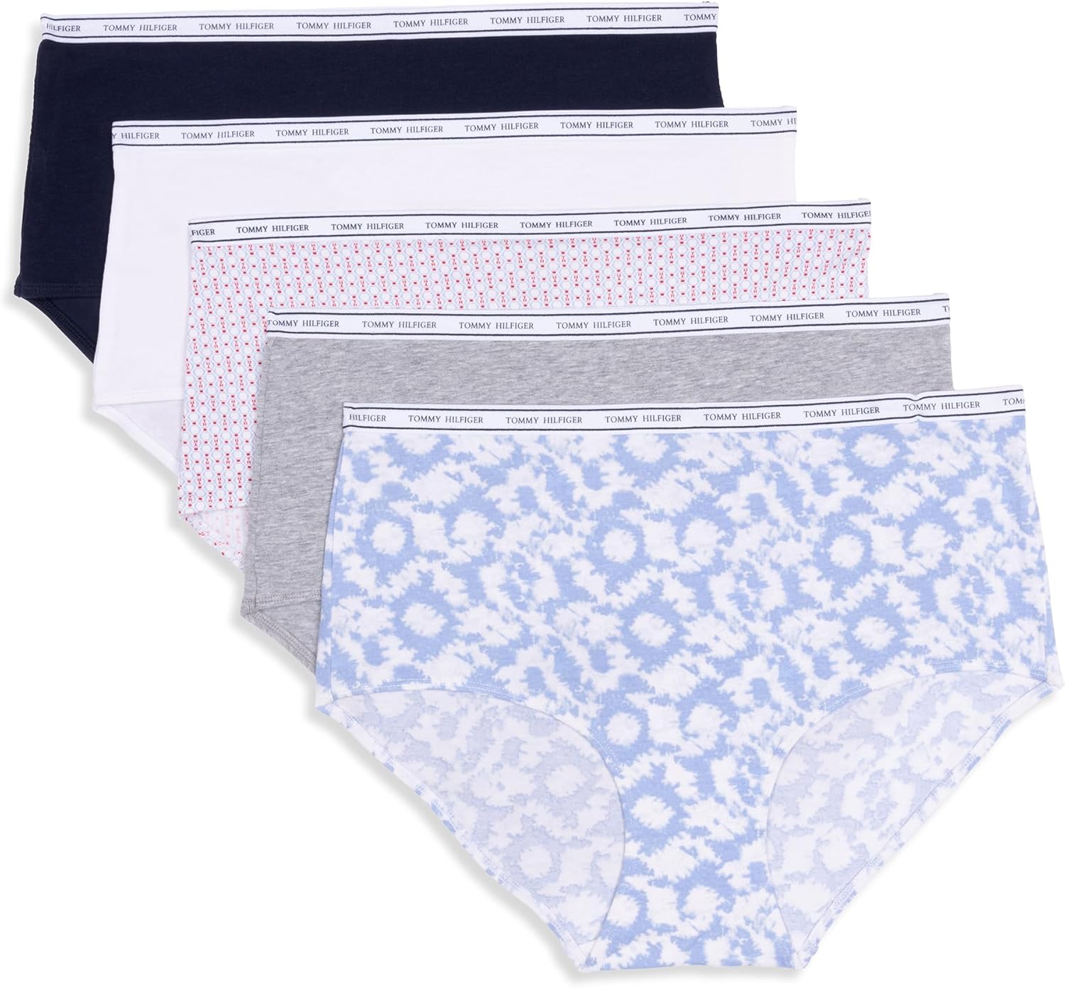

Женские классические хлопковые трусы-слипы Tommy Hilfiger с логотипом на поясе, упаковка 5 пар, Round Tie Dye Brunerra Blue/Heather Grey/Th Stacked Geo Bright White/Bright White/Navy Blazer